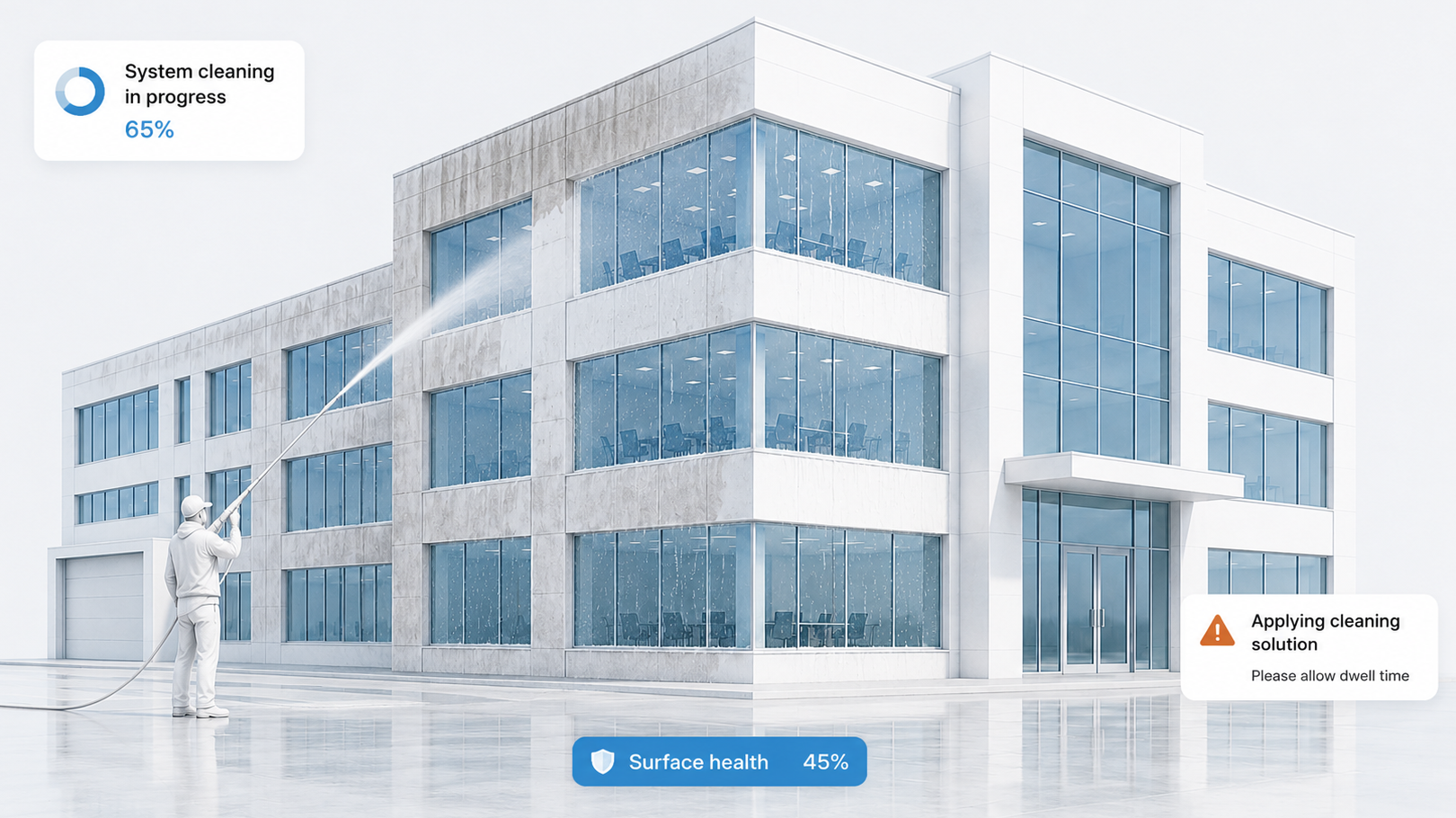 Commercial building exterior being pressure washed to remove dirt, algae, and surface stains.